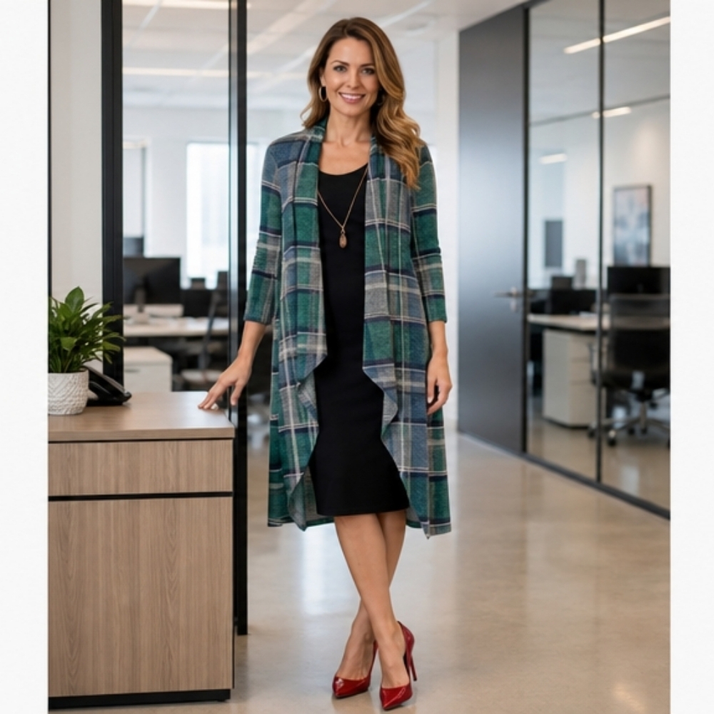 Enfocus Studio Green and Blue Plaid Open-Front Cardigan With Dress Panel Piece